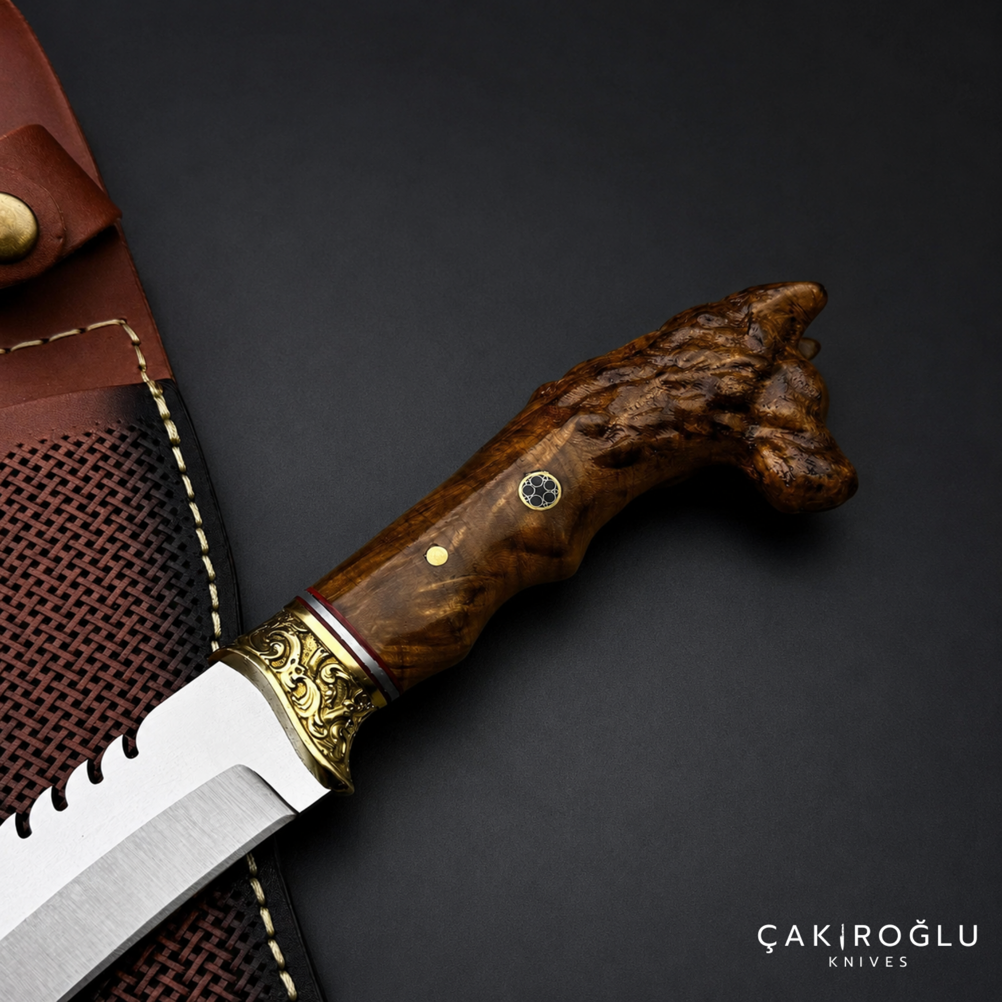 Wolf Head Custom Handmade Hunting Knife with Sheath, 4116 Stainless Steel