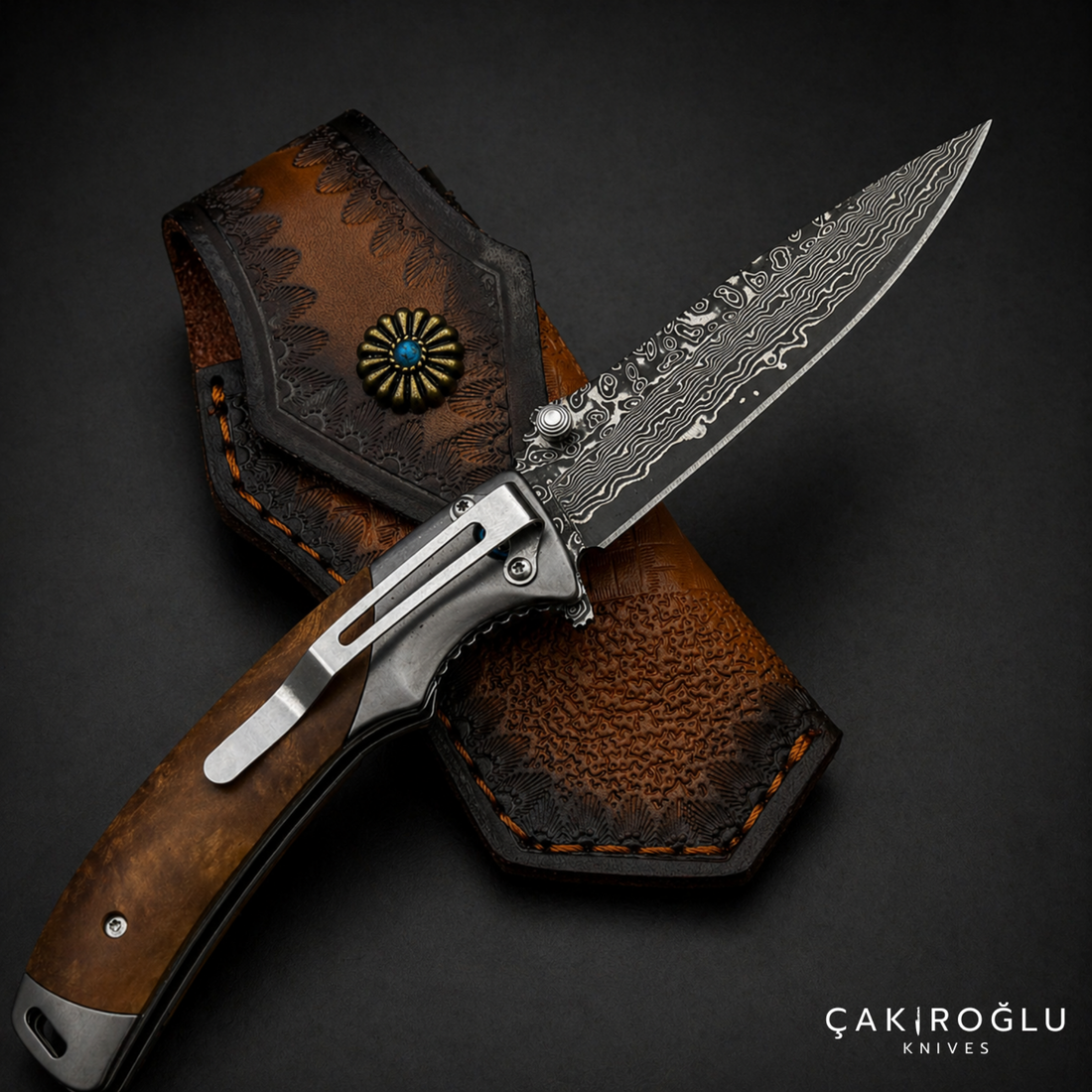Damascus Steel Pocket Folding Knife - Walnut Handle