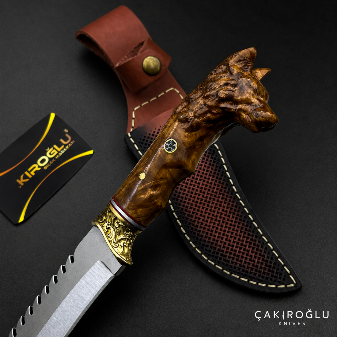 Wolf Head Custom Handmade Hunting Knife with Sheath, 4116 Stainless Steel