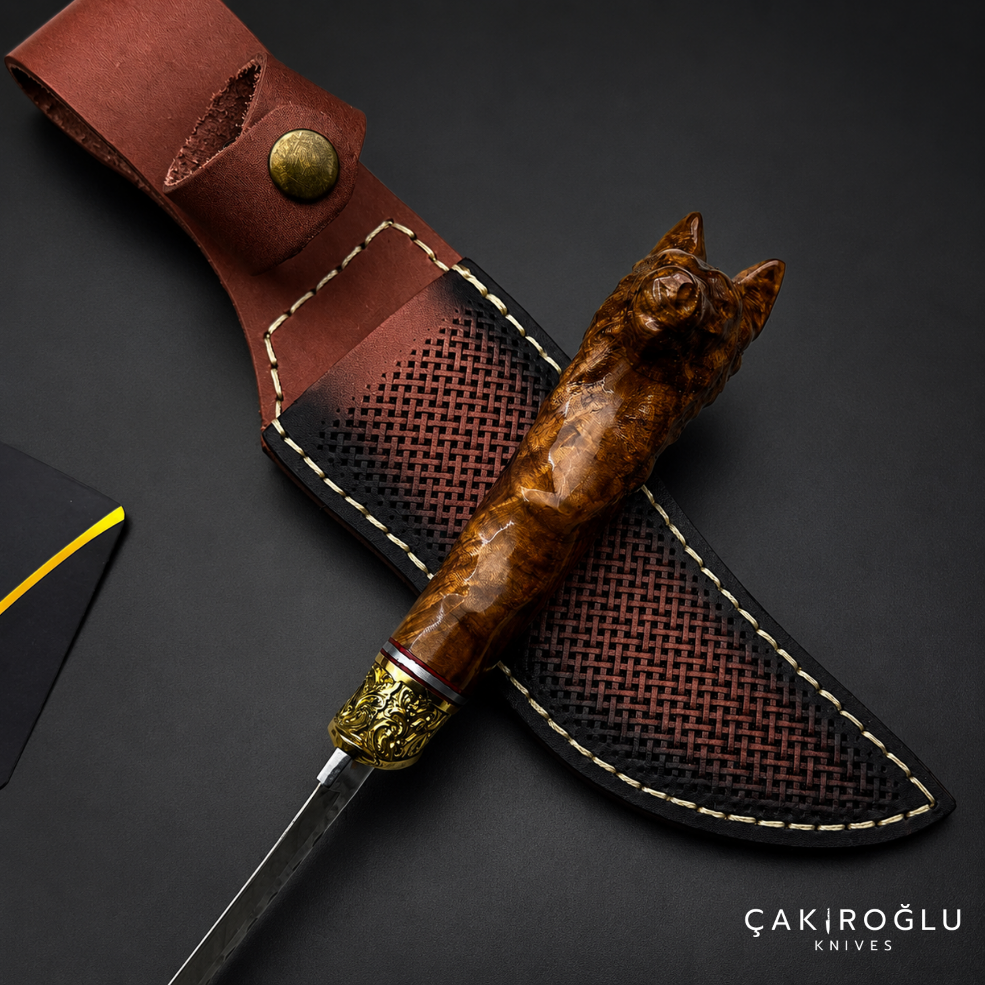 Wolf Head Custom Handmade Hunting Knife with Sheath, 4116 Stainless Steel