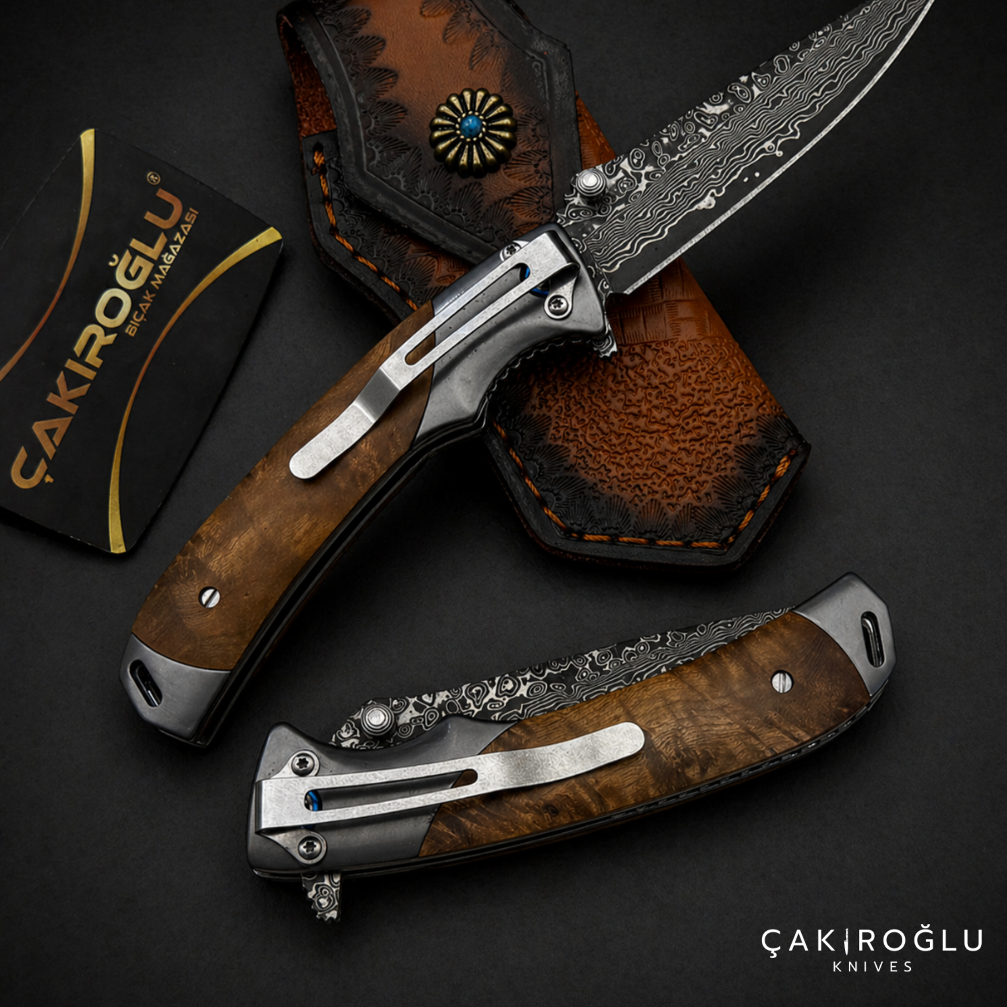 Damascus Steel Pocket Folding Knife - Walnut Handle