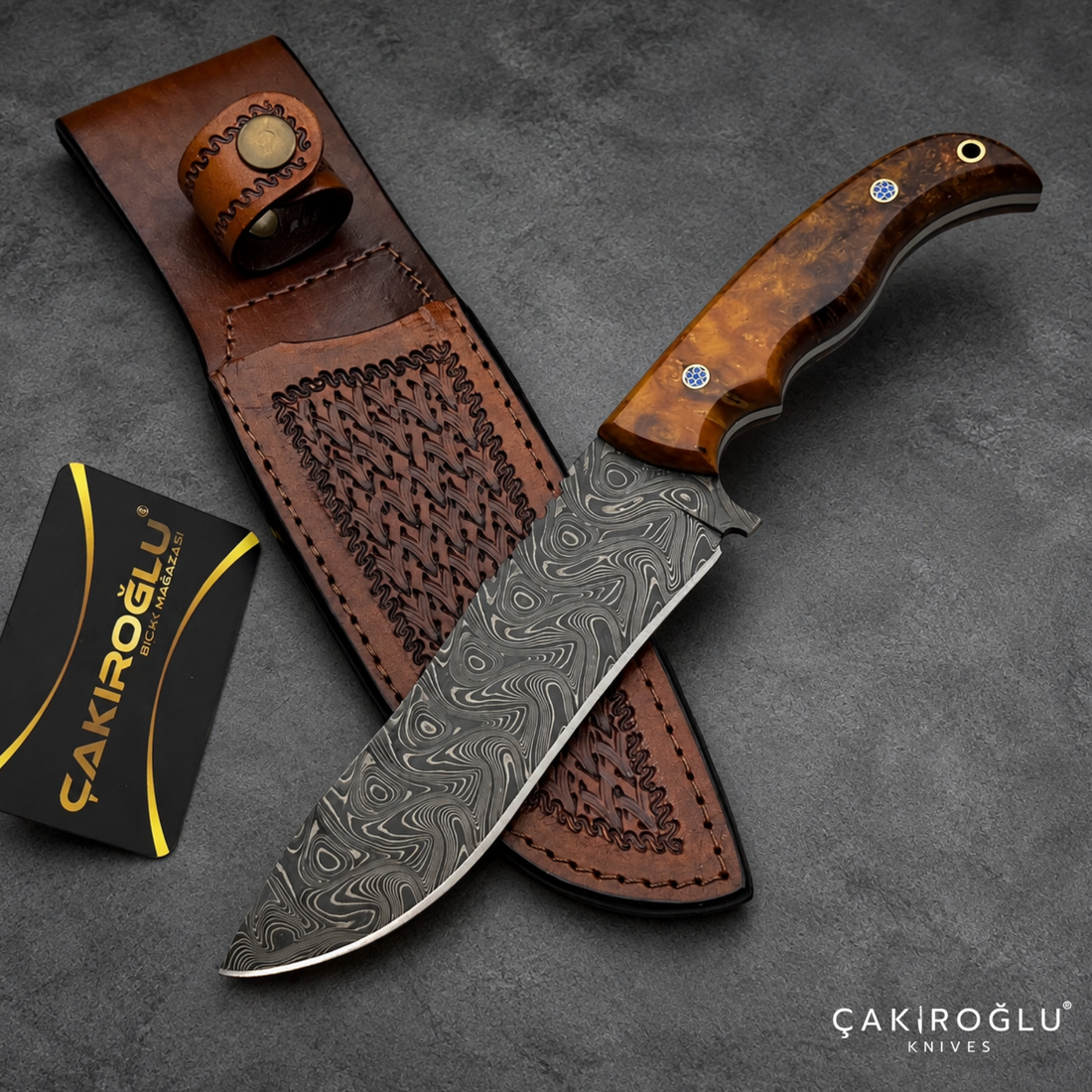 Çakıroğlu Handmade Damascus Steel Hunting Knife with Sheath - Stabilize Handle