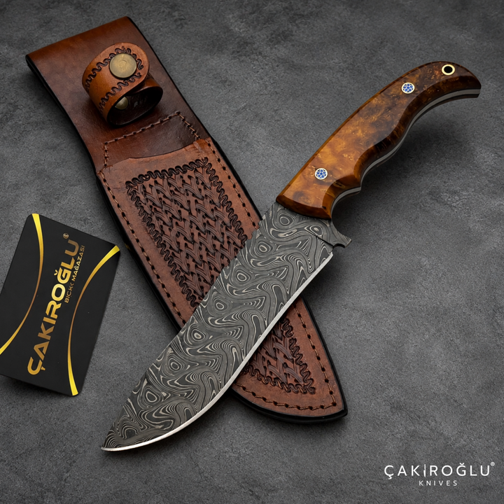 Çakıroğlu Handmade Damascus Steel Hunting Knife with Sheath - Stabilize Handle