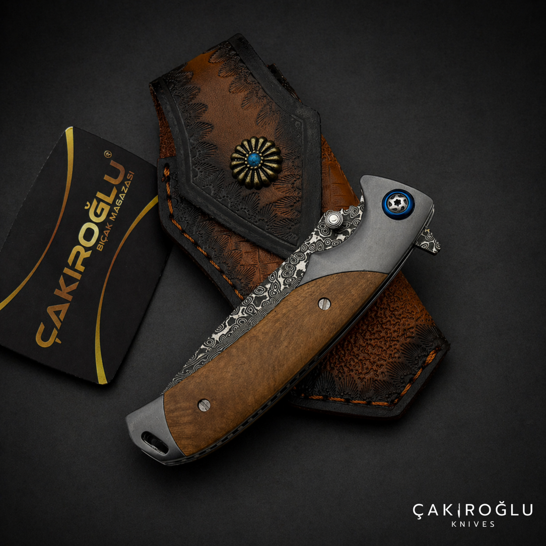 Damascus Steel Pocket Folding Knife - Walnut Handle