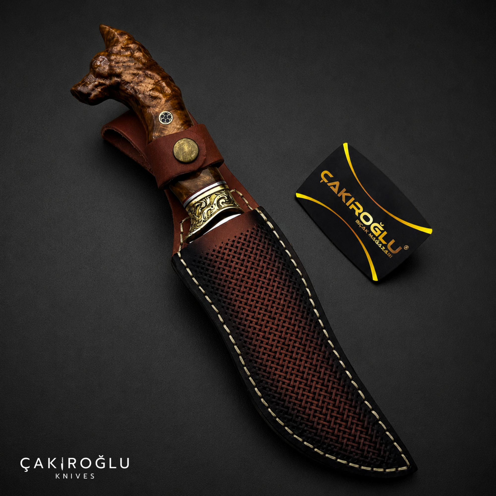 Wolf Head Custom Handmade Hunting Knife with Sheath, 4116 Stainless Steel