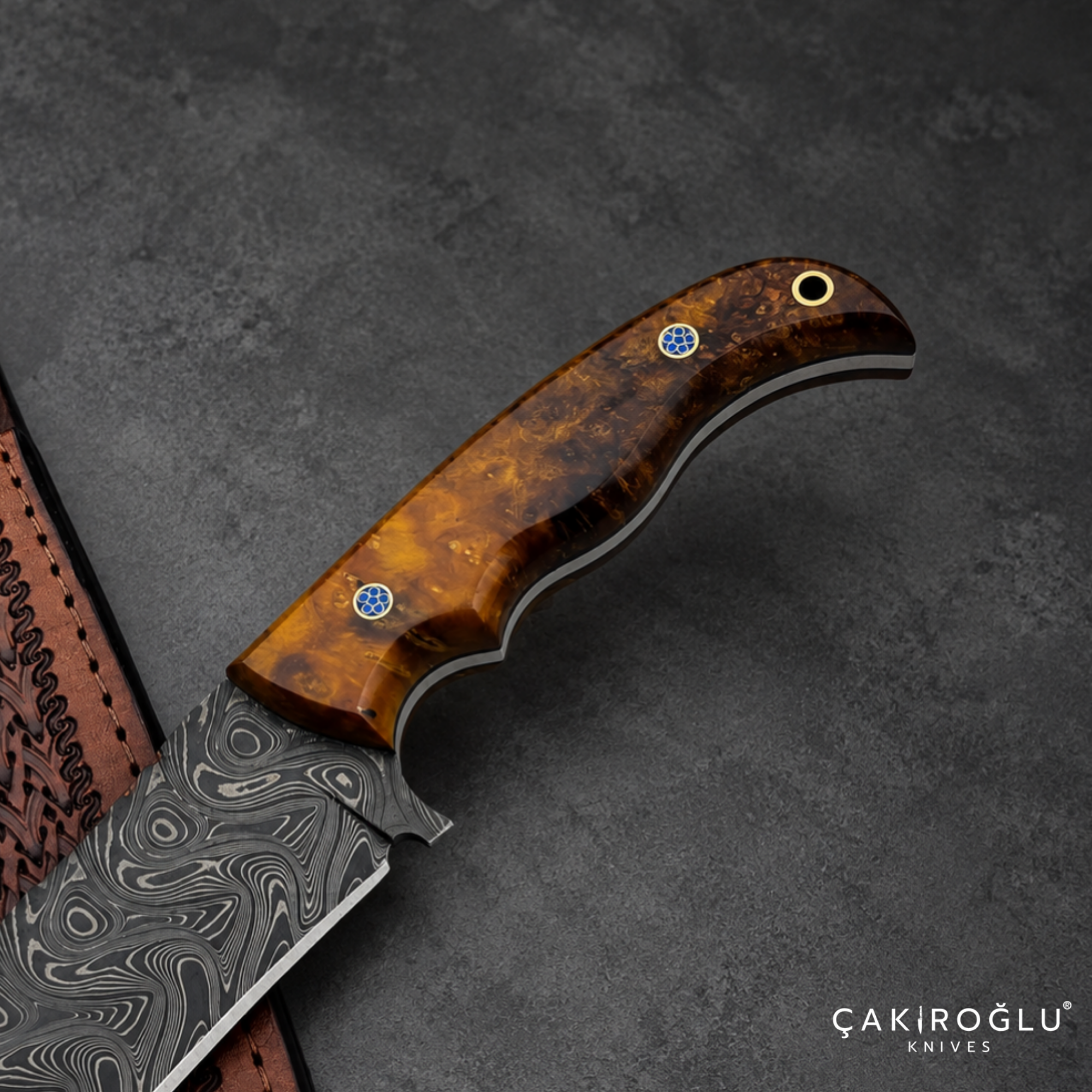 Çakıroğlu Handmade Damascus Steel Hunting Knife with Sheath - Stabilize Handle