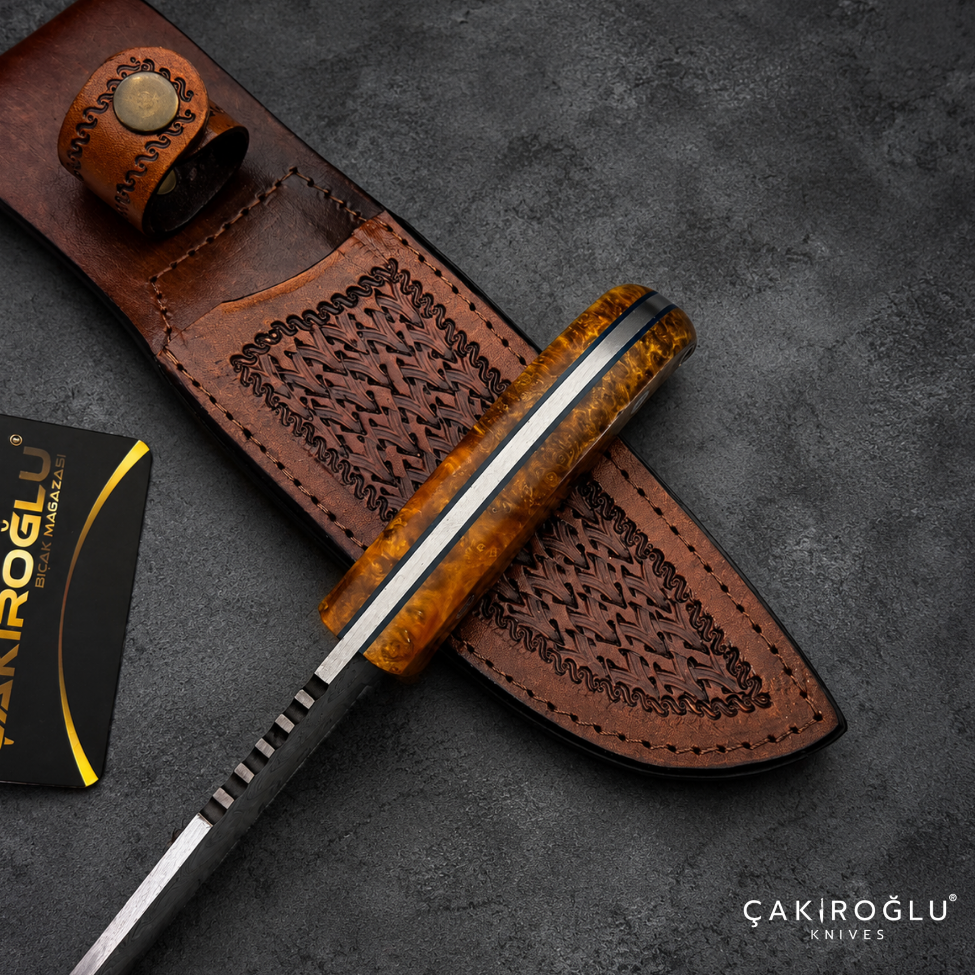 Çakıroğlu Handmade Damascus Steel Hunting Knife with Sheath - Stabilize Handle