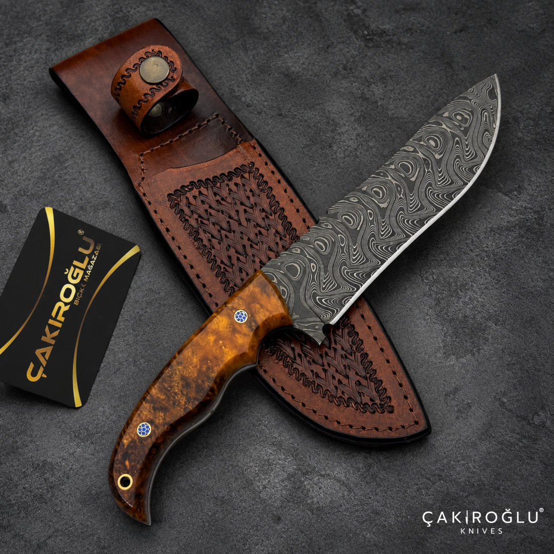 Çakıroğlu Handmade Damascus Steel Hunting Knife with Sheath - Stabilize Handle