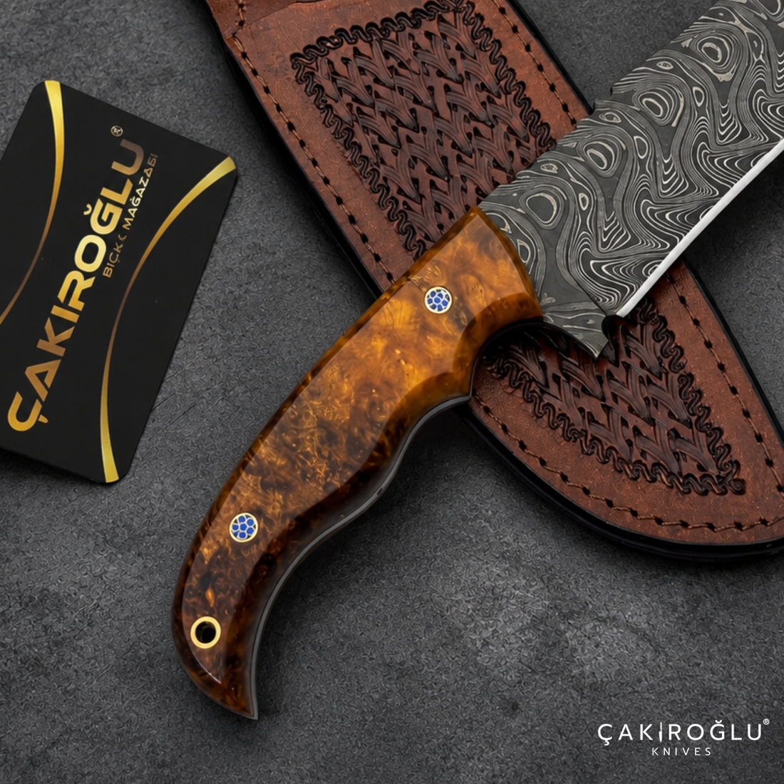 Çakıroğlu Handmade Damascus Steel Hunting Knife with Sheath - Stabilize Handle