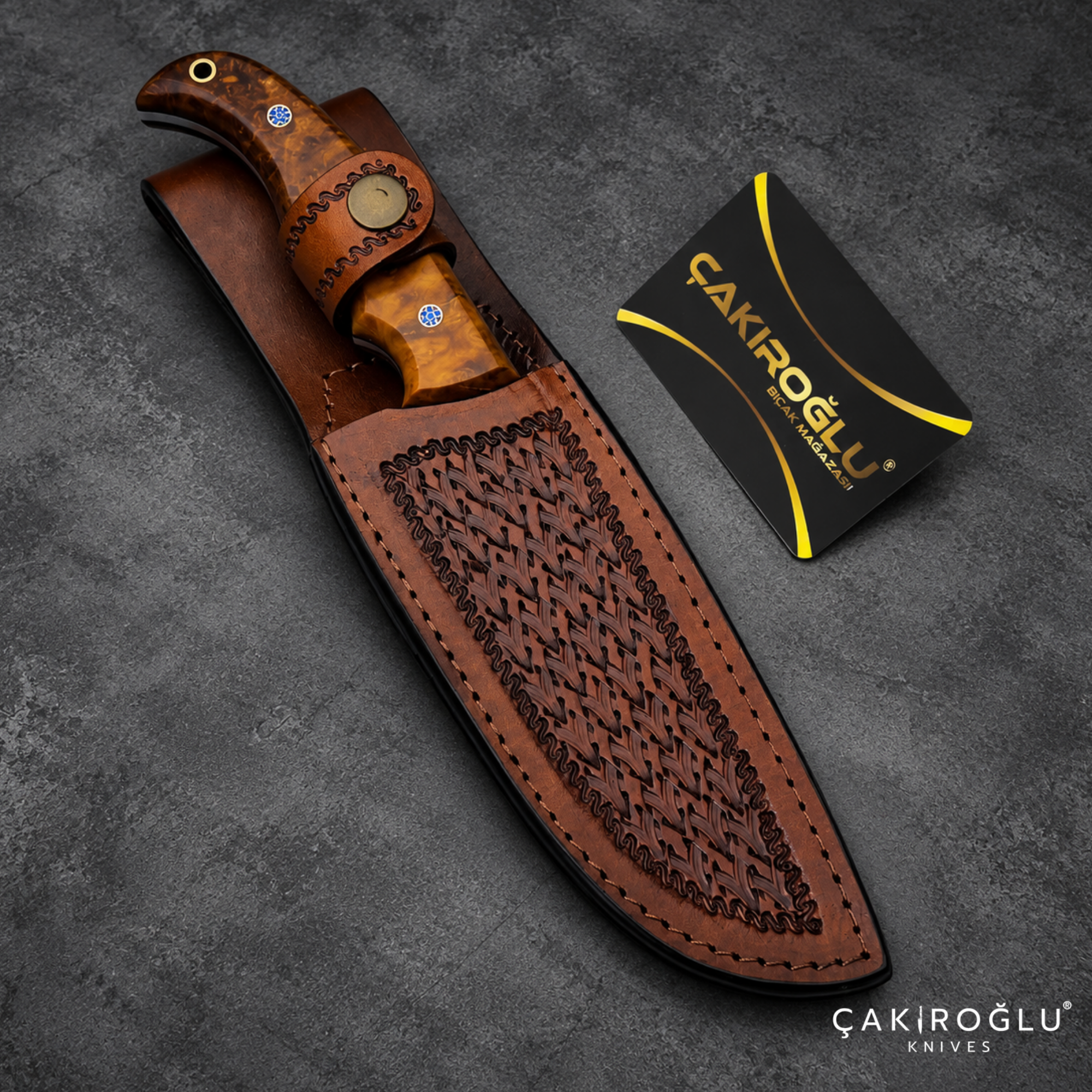 Çakıroğlu Handmade Damascus Steel Hunting Knife with Sheath - Stabilize Handle