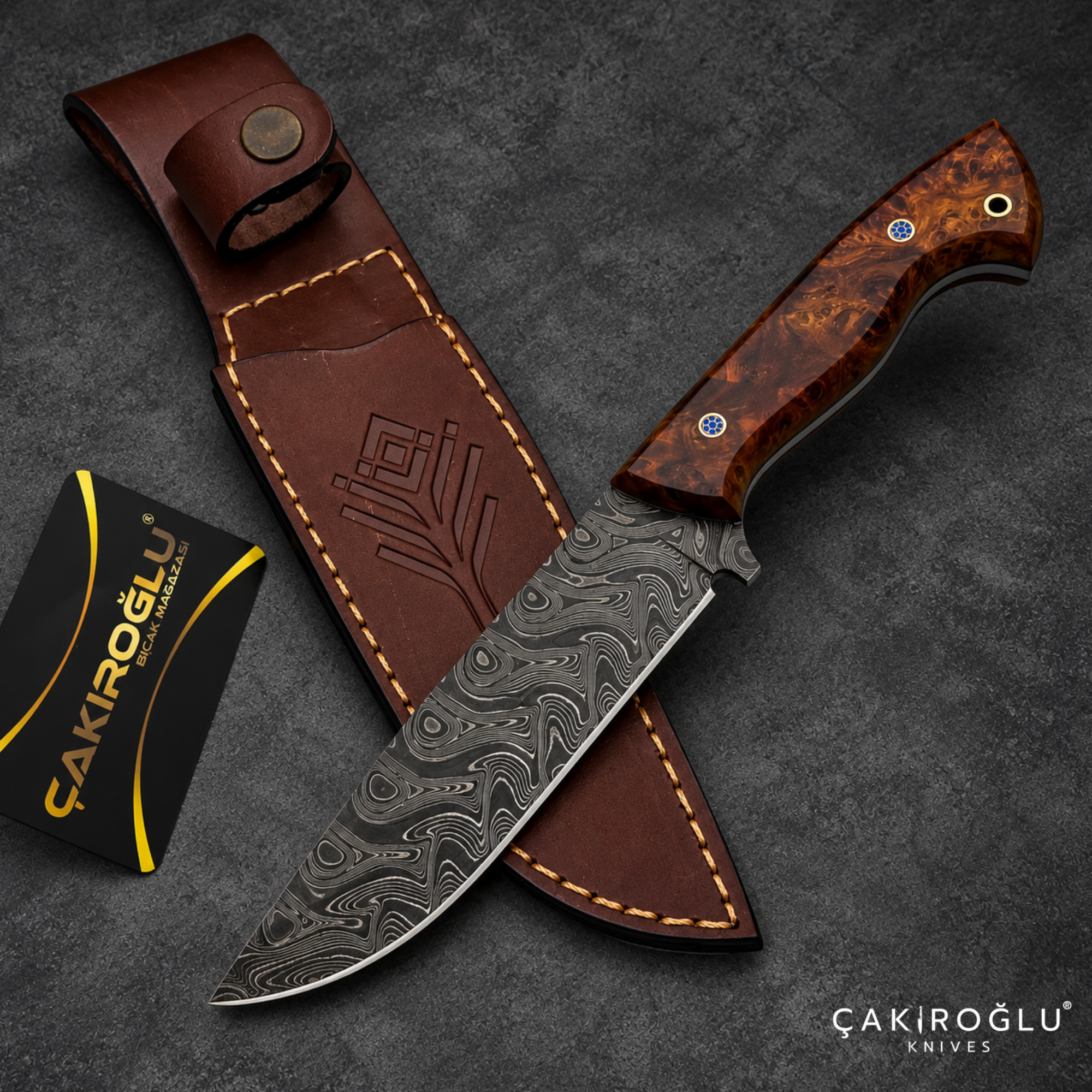 Handmade Damascus Steel Hunting Knife with Sheath - Stabilize Handle