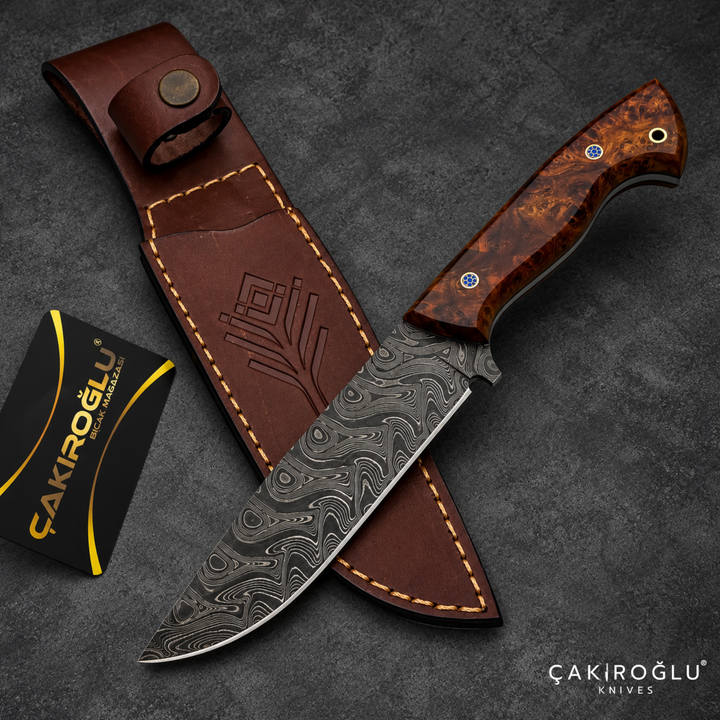 Handmade Damascus Steel Hunting Knife with Sheath - Stabilize Handle