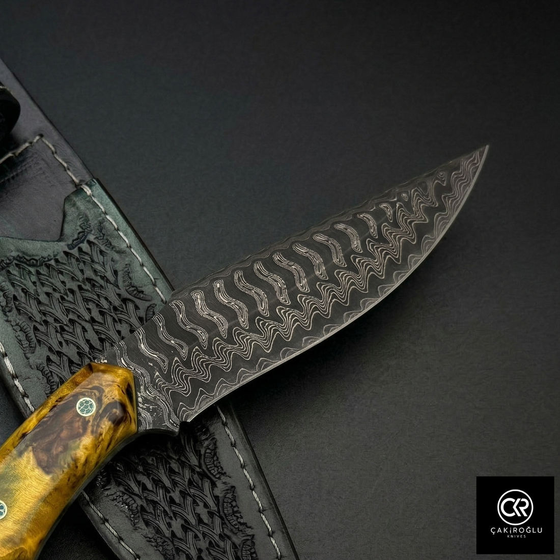 Çakıroğlu Handmade Custom-made Damascus Steel & Stabilized Maple Wood Handle Hunting Knife