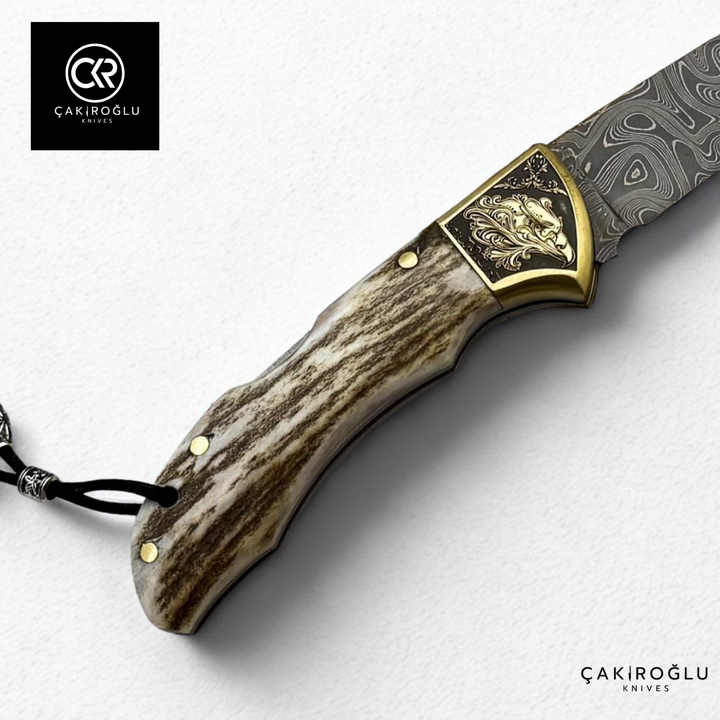 Showy Elite Medium Size Handcrafted Custom-made Folding Knife - Damascus Steel & Engraved Apron