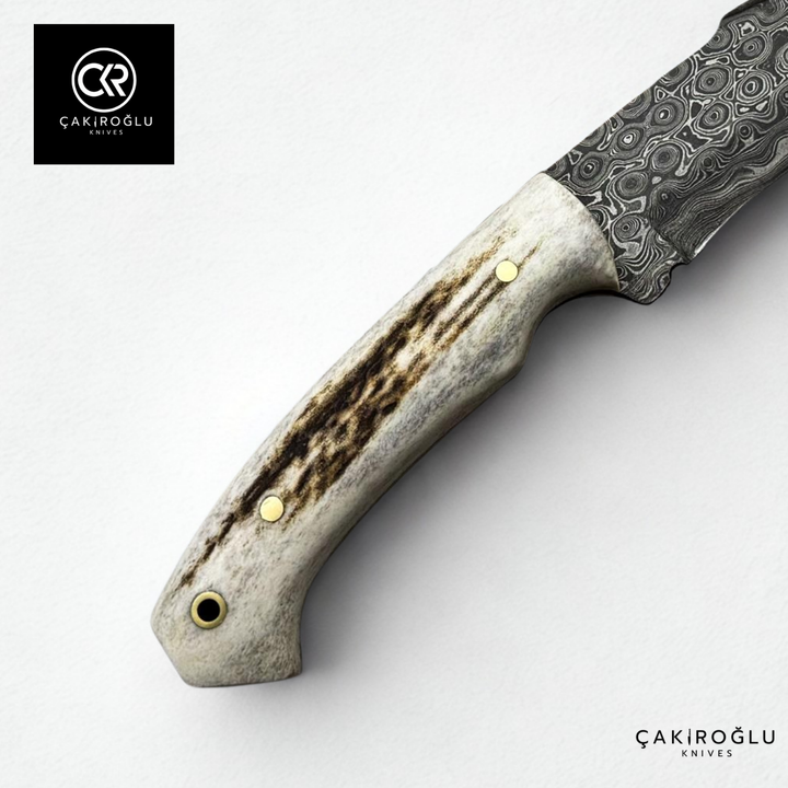 Handcrafted Custom-made Damascus Steel & Deer Antler Handle Hunting Knife