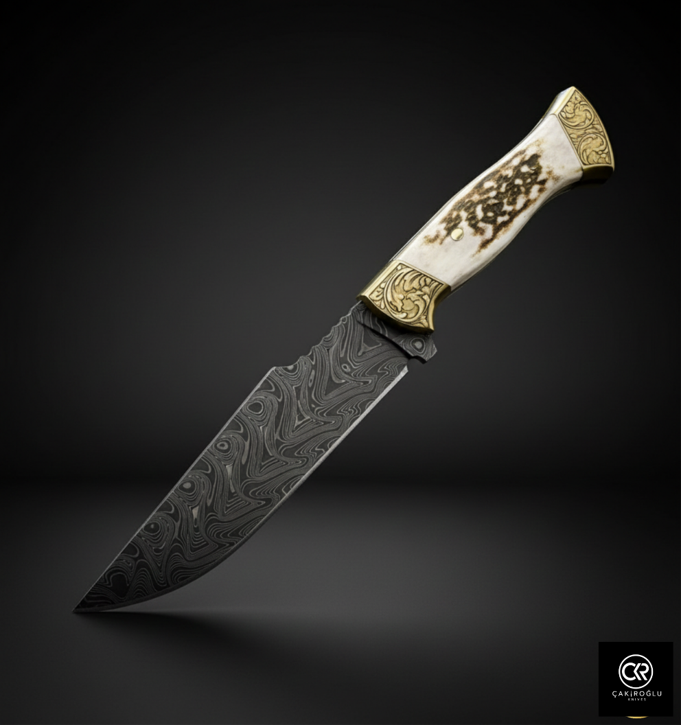 Handcrafted Custom-made Damascus Steel Hunting Knife - Deer Antler Handle & Brass Apron