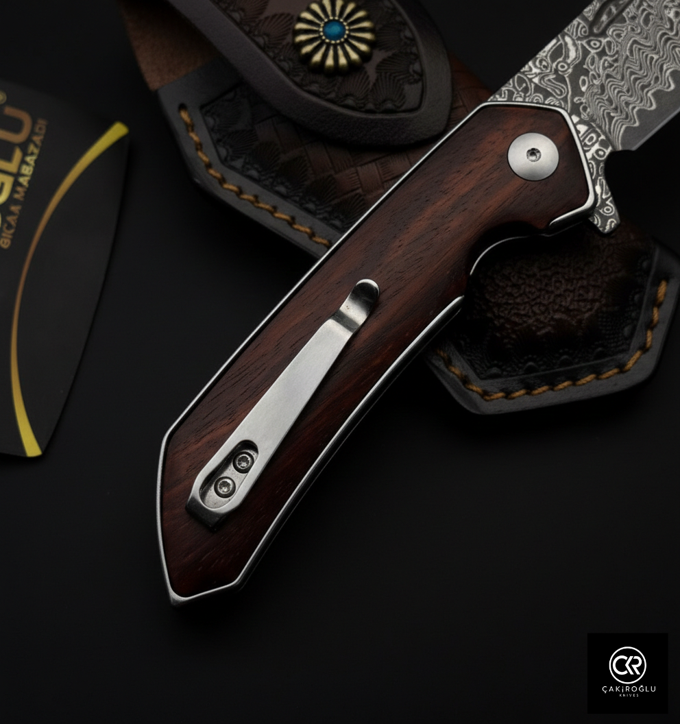 Damascus Steel Folding Knife with Cocobolo Handle