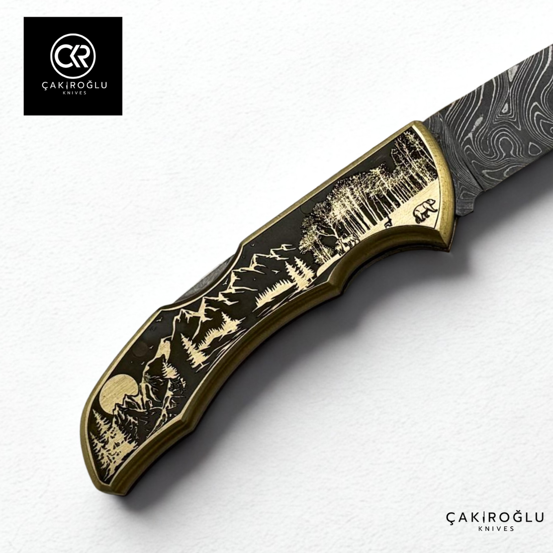 Showy Limited Edition Medium Size Handcrafted Custom-made Folding Collectible Knife - Damascus Steel & Engraved Brass Handle