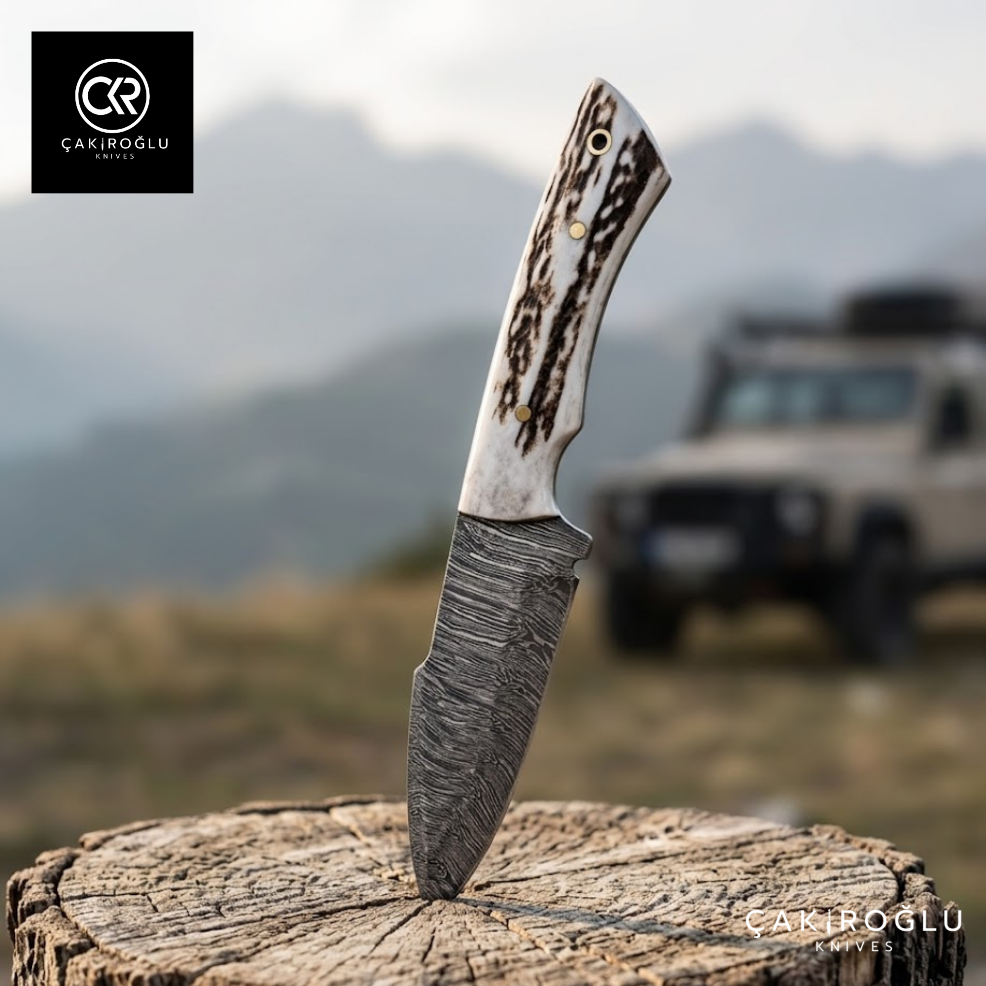Handcrafted Custom-made Damascus Steel & Deer Antler Handle Hunting Knife
