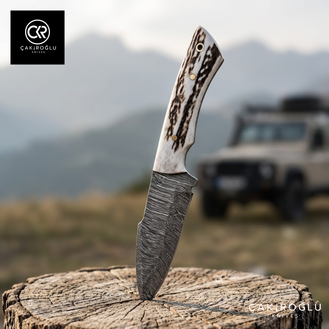 Handcrafted Custom-made Damascus Steel & Deer Antler Handle Hunting Knife