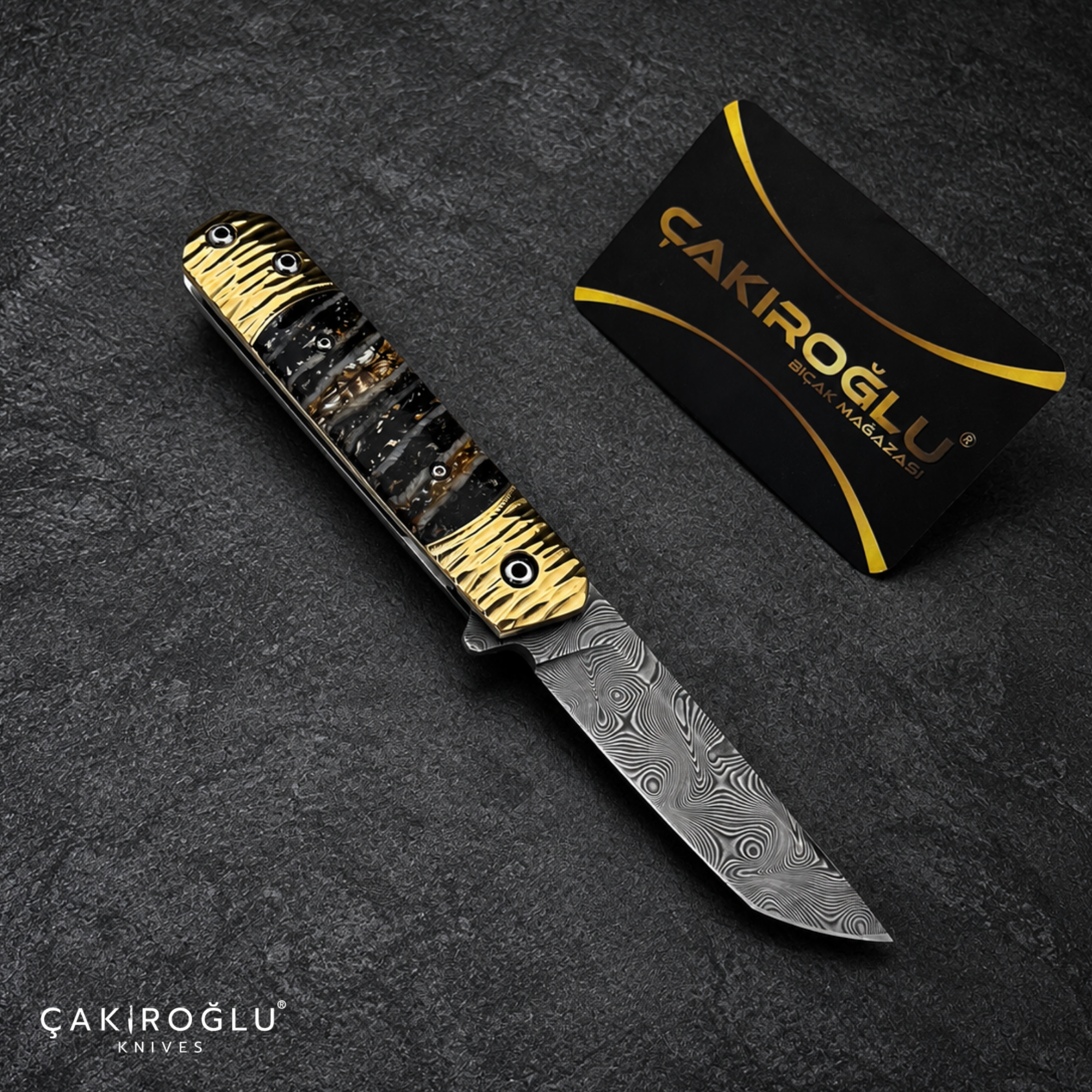 Limited Edition Stainless Damascus Steel Folding Knife with Mammoth Tusk Handle