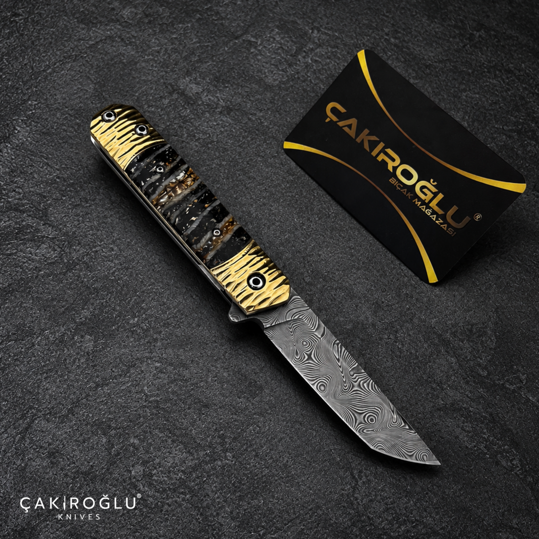 Limited Edition Stainless Damascus Steel Folding Knife with Mammoth Tusk Handle