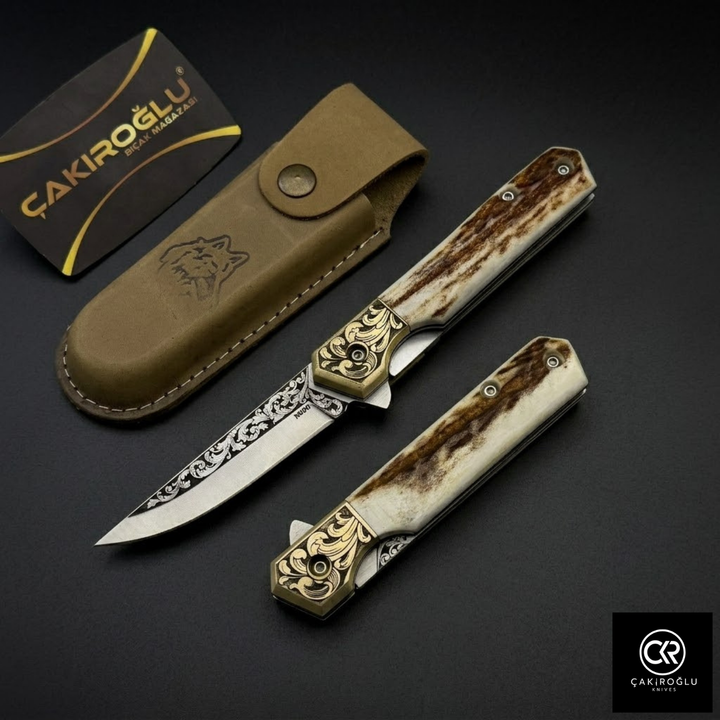 Gentleman Plus - Handcrafted Engraved Böhler N690 Steel Folding Knife with Deer Antler Handle