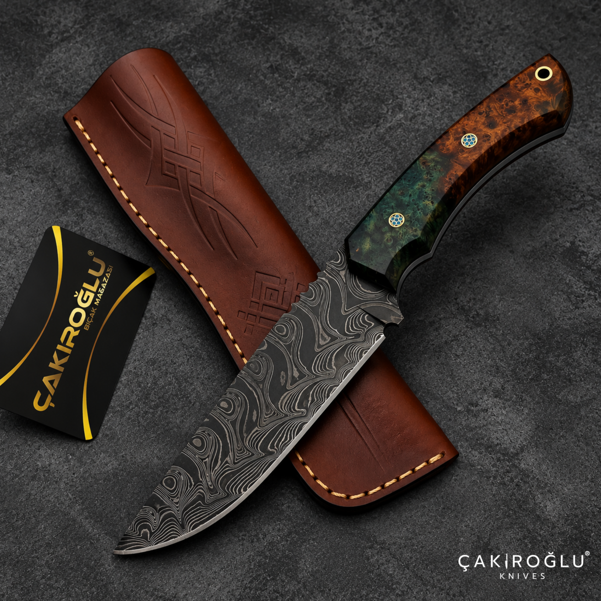 Handmade Damascus Steel Hunting Knife with Sheath - Stabilize Handle