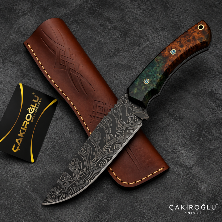 Handmade Damascus Steel Hunting Knife with Sheath - Stabilize Handle