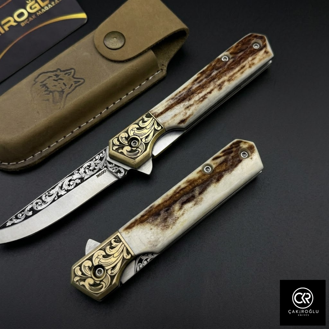 Gentleman Plus - Handcrafted Engraved Böhler N690 Steel Folding Knife with Deer Antler Handle