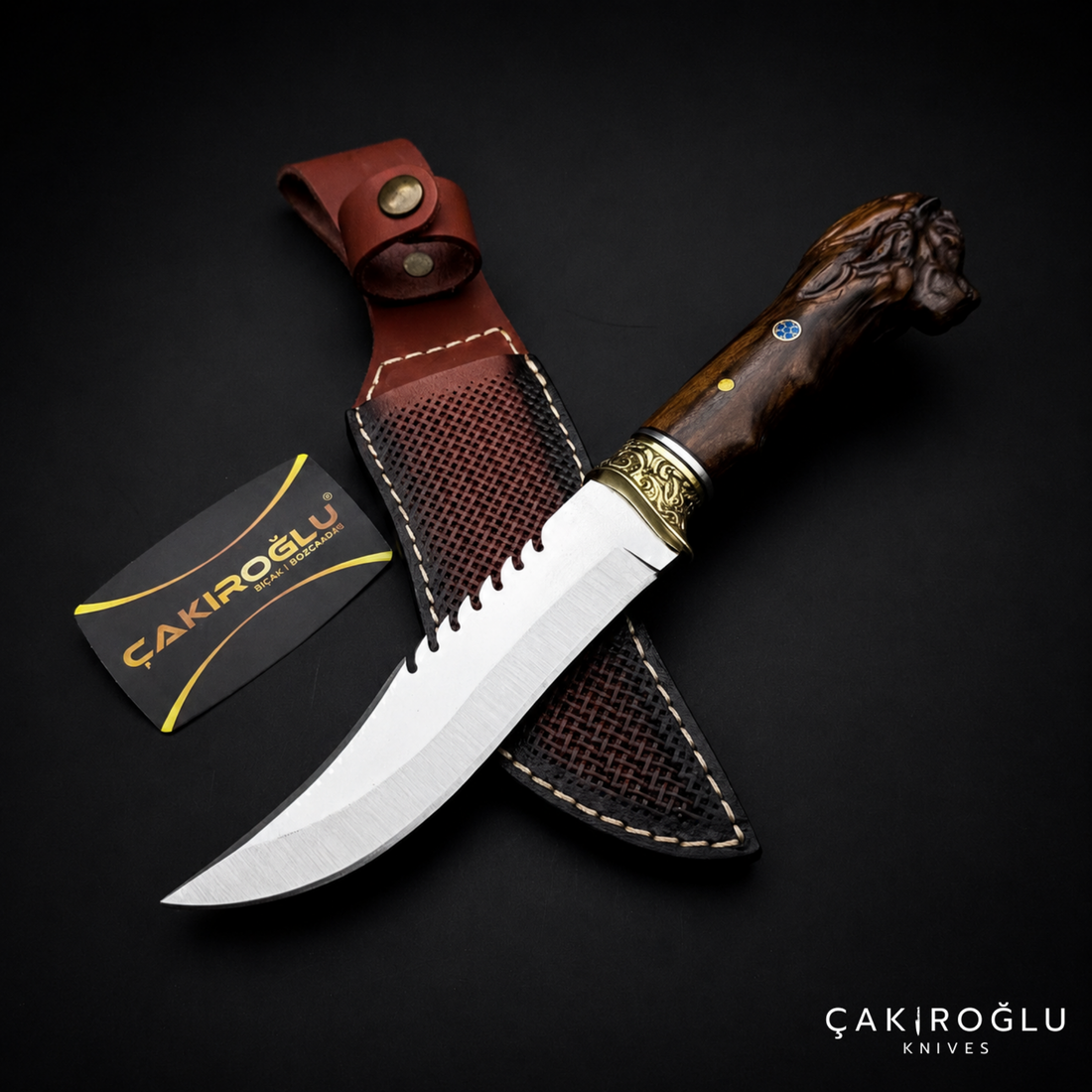 Lion Head Custom Handmade Hunting Knife with Sheath, 4116 Stainless Steel