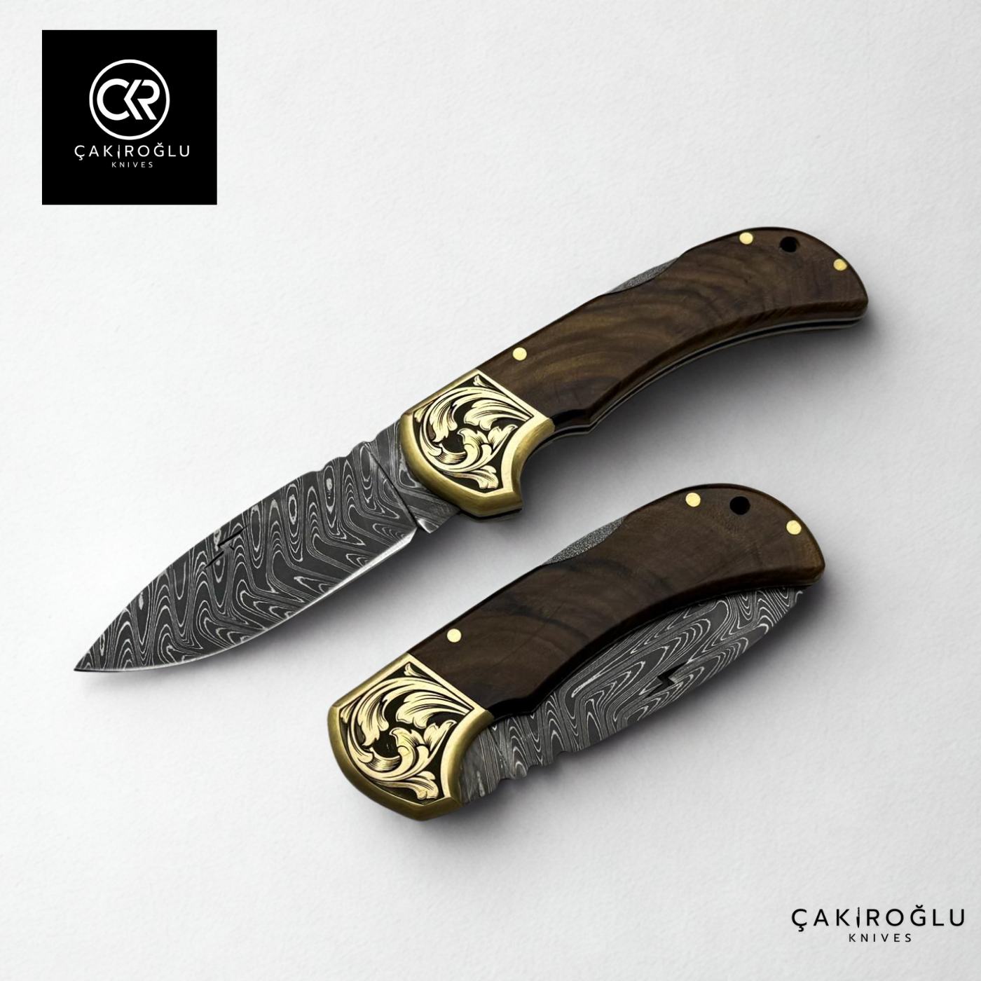 Handcrafted Custom Folding Knife - Damascus Steel & Engraved Brass Apron
