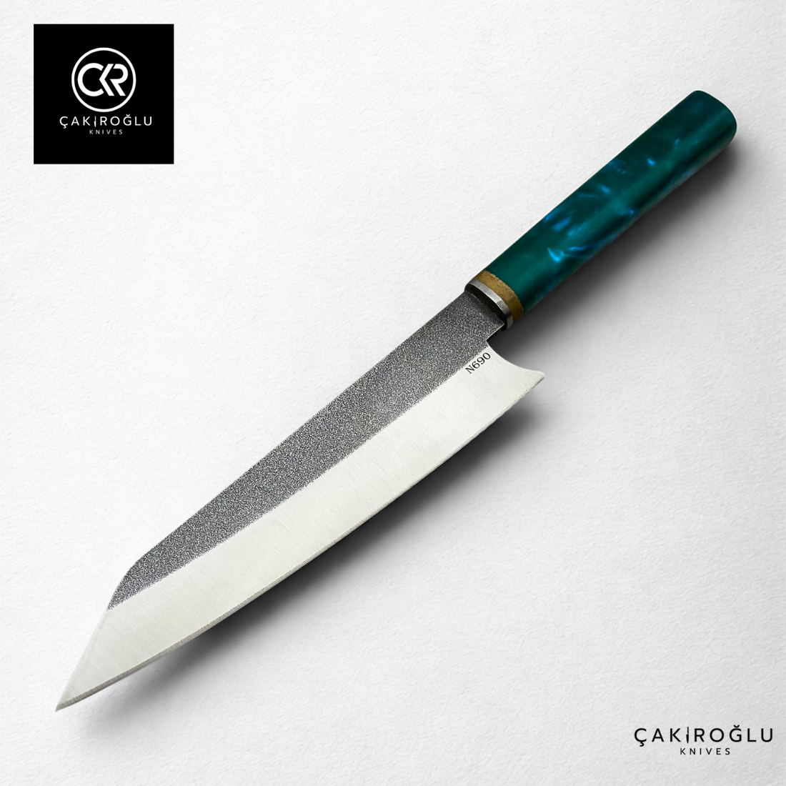 Santoku Model Handcrafted Chef Knife - N690 Böhler Steel & Epoxy Amber Handle