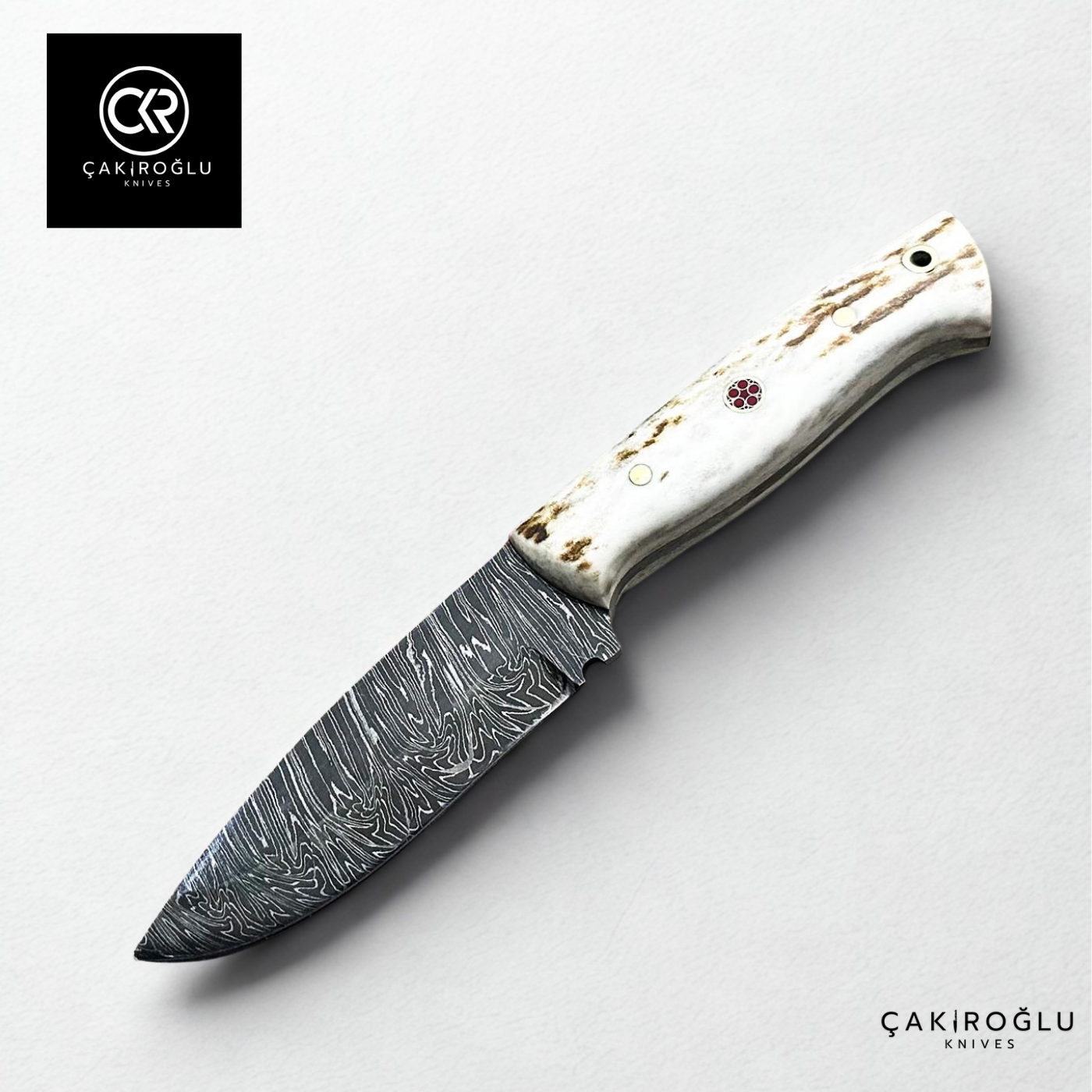 Handcrafted Custom-made Damascus Steel & Deer Antler Handle Hunting Knife