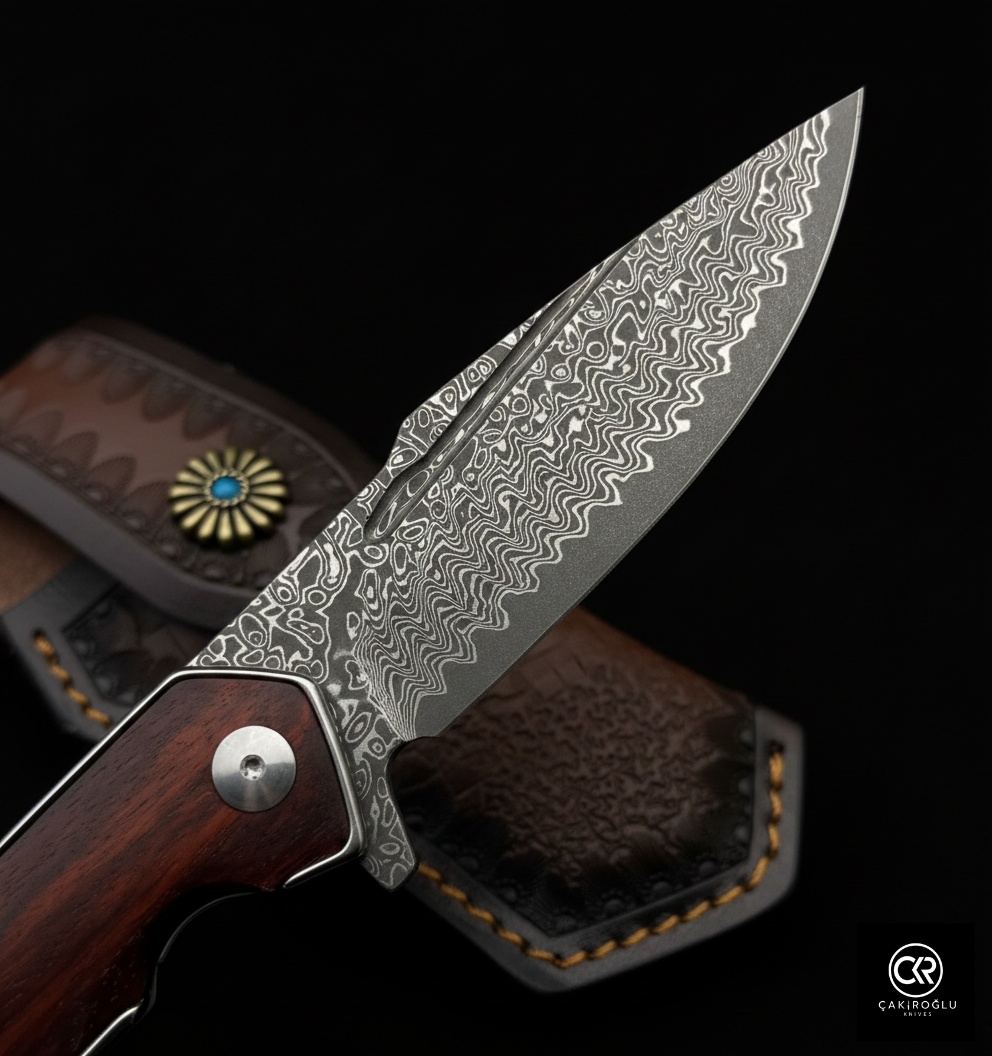 Damascus Steel Folding Knife with Cocobolo Handle