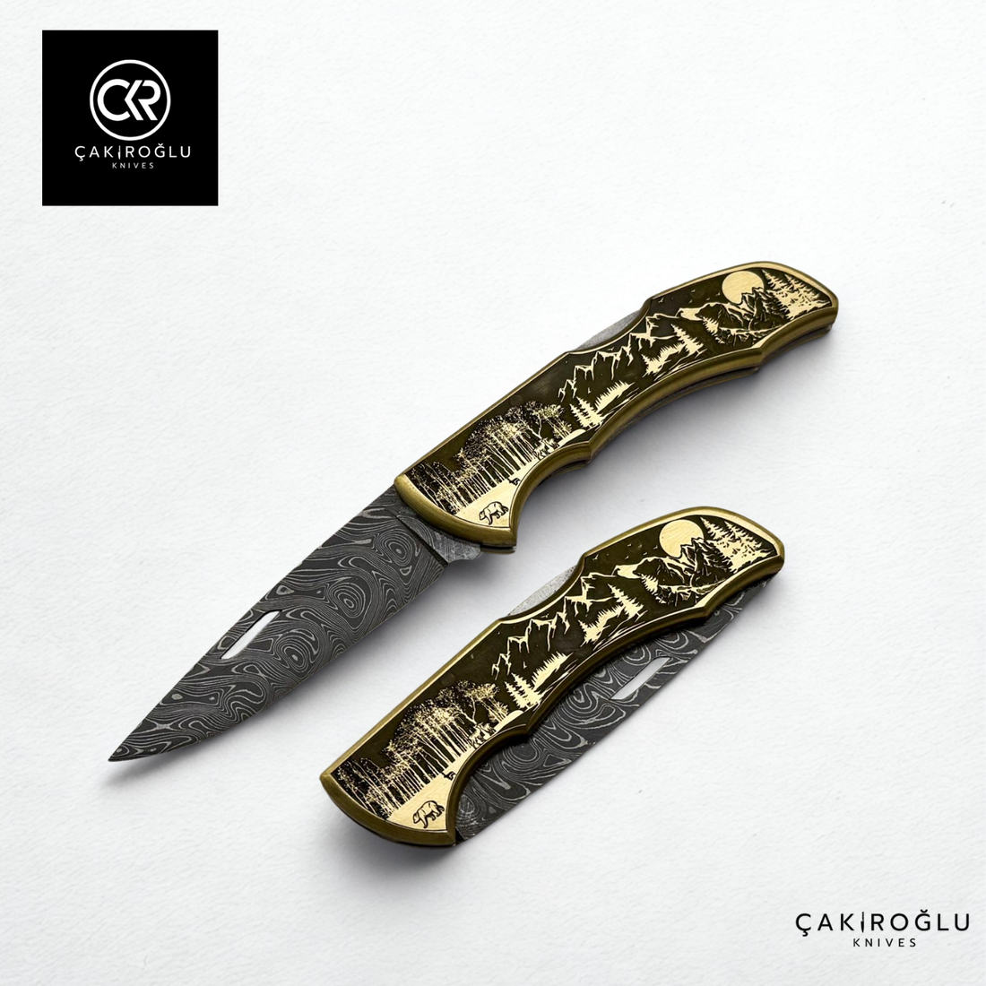 Showy Limited Edition Large Size Handcrafted Custom-made Folding Collectible Knife - Damascus Steel & Engraved Brass Handle