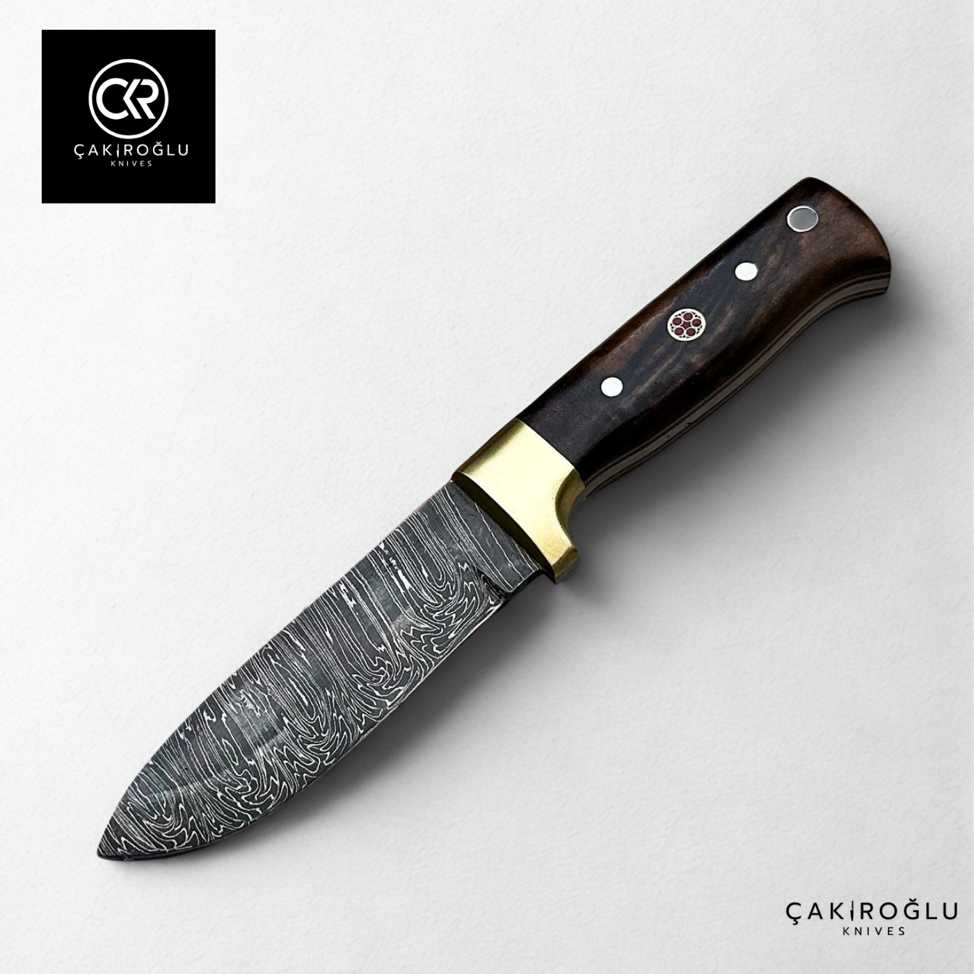 Handcrafted Custom-made Damascus Steel Bushcraft Hunting Knife - Root Walnut Handle & Brass Apron