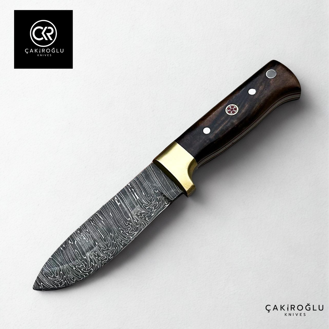 Handcrafted Custom-made Damascus Steel Bushcraft Hunting Knife - Root Walnut Handle & Brass Apron