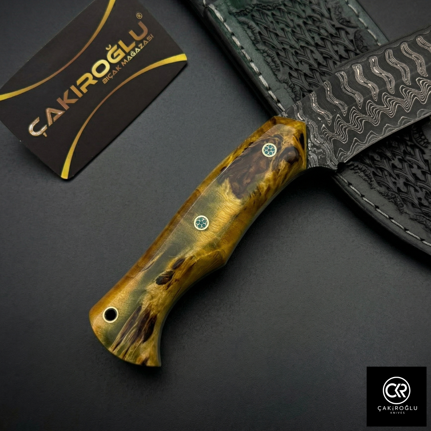 Çakıroğlu Handmade Custom-made Damascus Steel & Stabilized Maple Wood Handle Hunting Knife