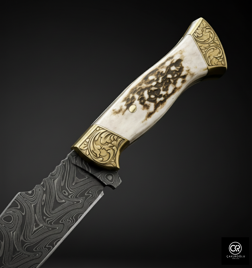 Handcrafted Custom-made Damascus Steel Hunting Knife - Deer Antler Handle & Brass Apron
