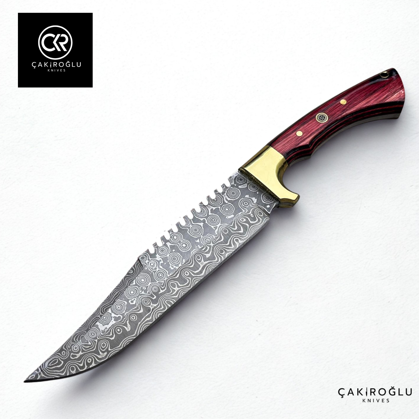 Damascus Elegance Handcrafted Knife – Wood Laminated Handle & Brass Apron