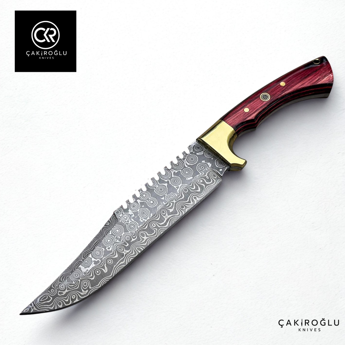 Damascus Elegance Handcrafted Knife – Wood Laminated Handle & Brass Apron