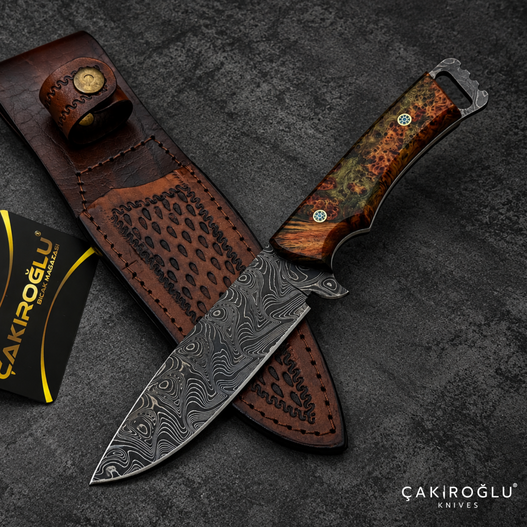 Handmade Damascus Steel Hunting Knife with Sheath - Stabilize Handle