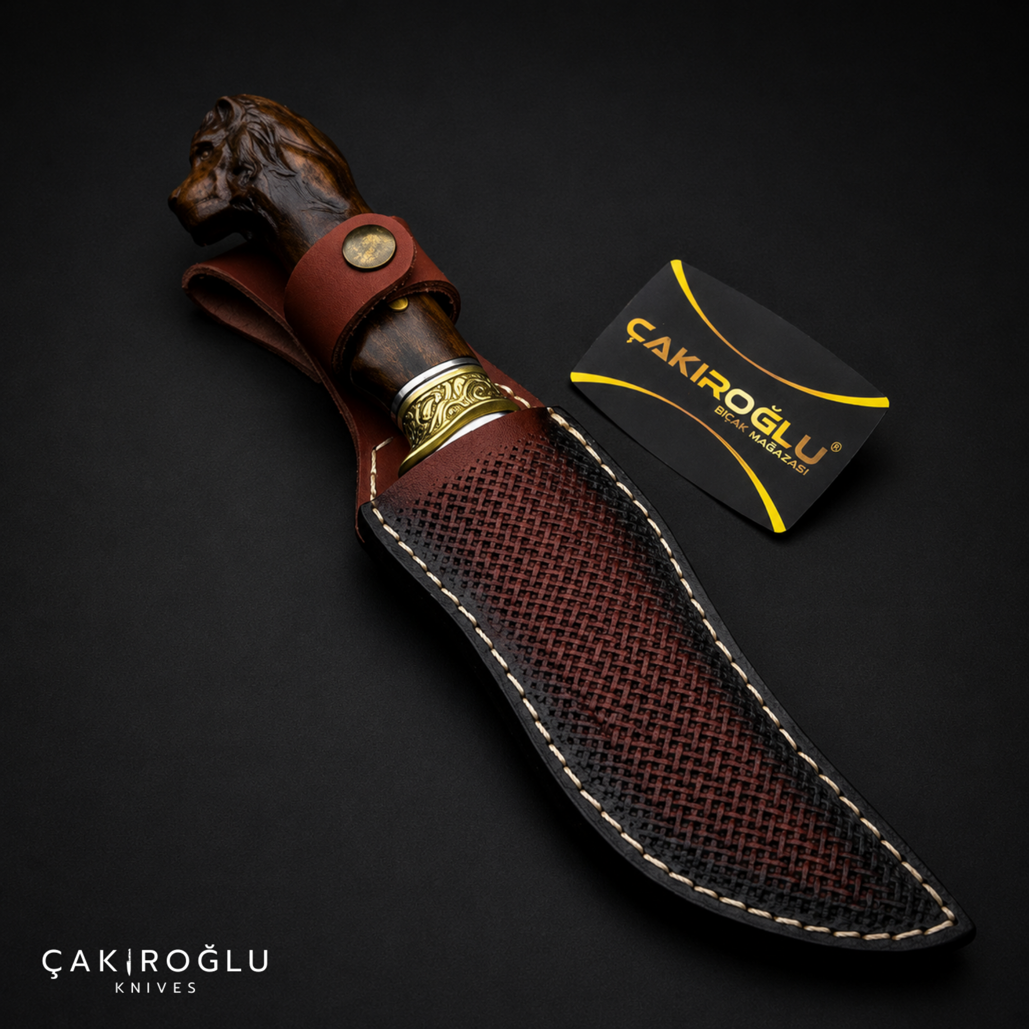 Lion Head Custom Handmade Hunting Knife with Sheath, 4116 Stainless Steel