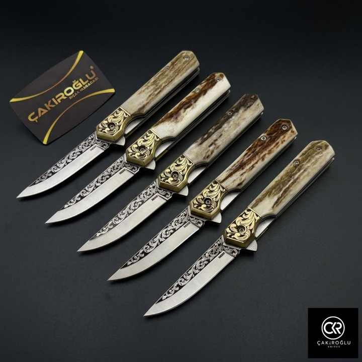 Gentleman Plus - Handcrafted Engraved Böhler N690 Steel Folding Knife with Deer Antler Handle