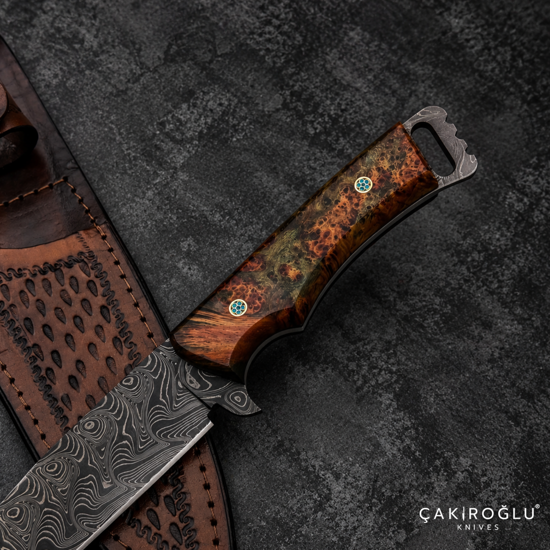 Handmade Damascus Steel Hunting Knife with Sheath - Stabilize Handle