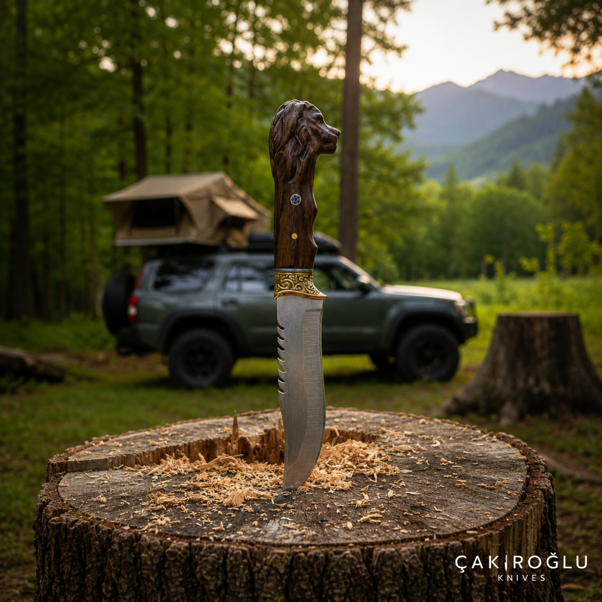 Lion Head Custom Handmade Hunting Knife with Sheath, 4116 Stainless Steel