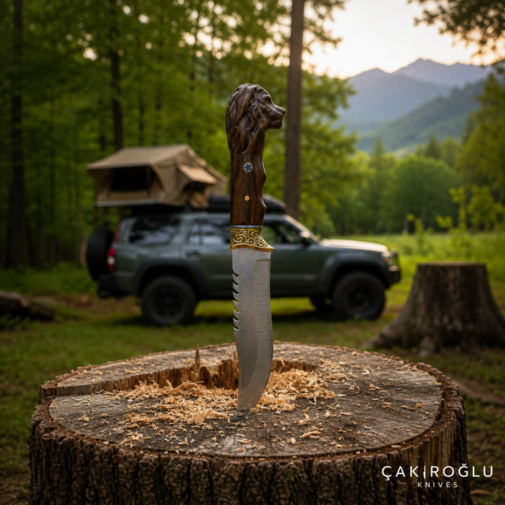 Lion Head Custom Handmade Hunting Knife with Sheath, 4116 Stainless Steel