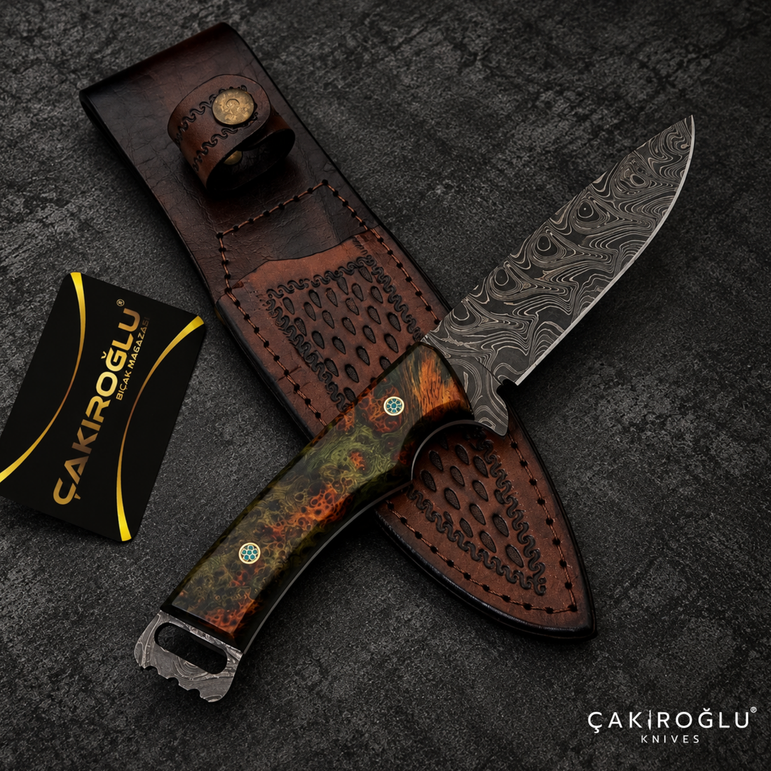 Handmade Damascus Steel Hunting Knife with Sheath - Stabilize Handle