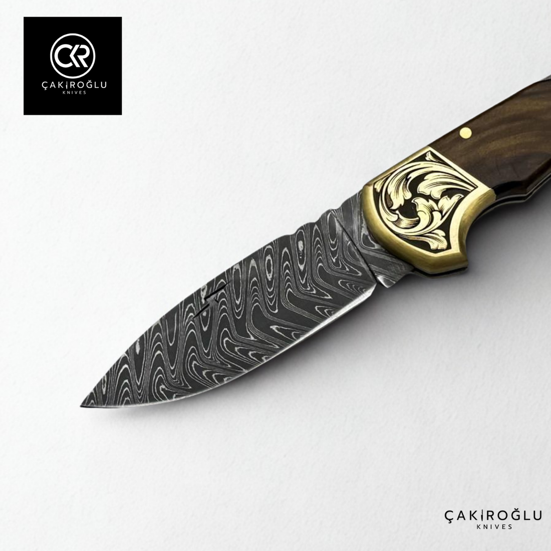 Handcrafted Custom Folding Knife - Damascus Steel & Engraved Brass Apron